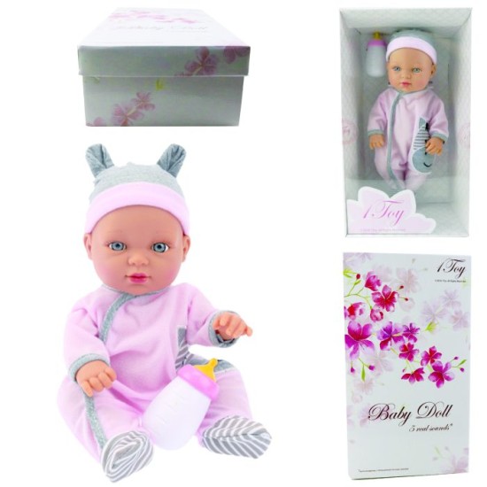 Куколка 1TOY "Baby Doll" в розовом комбинезончике и шапочке с ушками, 33см.