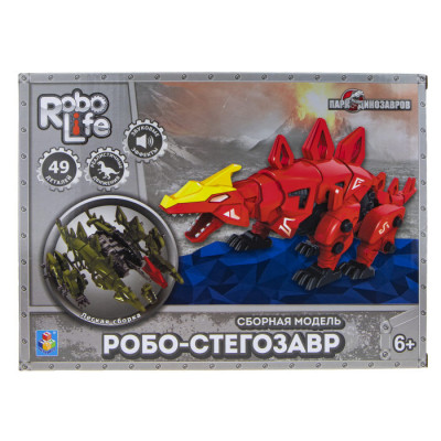1TOY RoboLife Сборная модель Робо-стегозавр  (красный) 49 деталей, коробка 28*8*21 см движение, звук эффекты ,  работает от 2 АА бат (в компл не входя
