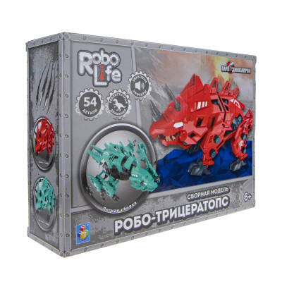1TOY RoboLife Сборная модель Робо-трицератопс (голубой ) 54 детали, коробка 28*8*21 см движение, звук эффекты ,  работает от 2 АА бат (в компл не вход