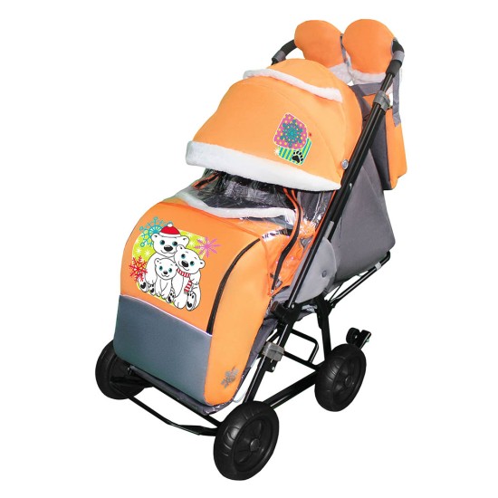 Санки-коляска SNOW GALAXY City-1 Три Медведя на оранжевом на больших колёсах с сумкой и варежками
