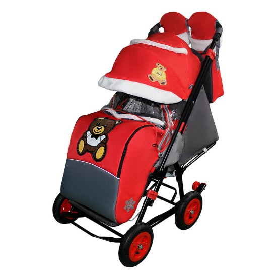 Санки-коляска SNOW GALAXY City-1-1 Мишка с бабочкой на красном на больших колёсах с сумкой и варежками