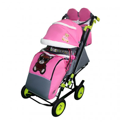 Санки-коляска SNOW GALAXY City-2-1 Мишка в красном на розовом на больших надувных колёсах с сумкой и варежками