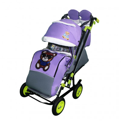 Санки-коляска SNOW GALAXY City-2-1 Мишка в синем на фиолетовом на больших надувных колёсах с сумкой и варежками