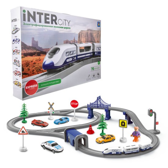 1TOY InterCity Express набор жел.дорога "Большое путешествие" скорый электропоезд 3 вагона, туннель со звук., мост, человечек, 4 машинки, дор.знаки, с